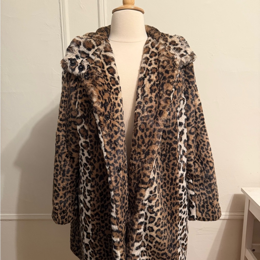 LOFT Leopard Print Faux Fur Plus Size Jacket, Size 22 With Funnel Collar
